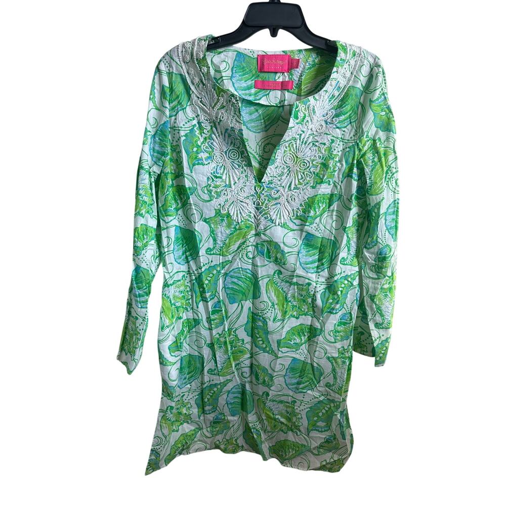 Lilly Pulitzer Jubilee Brooke Shields Dress Large L Green Blue Beaded Tunic